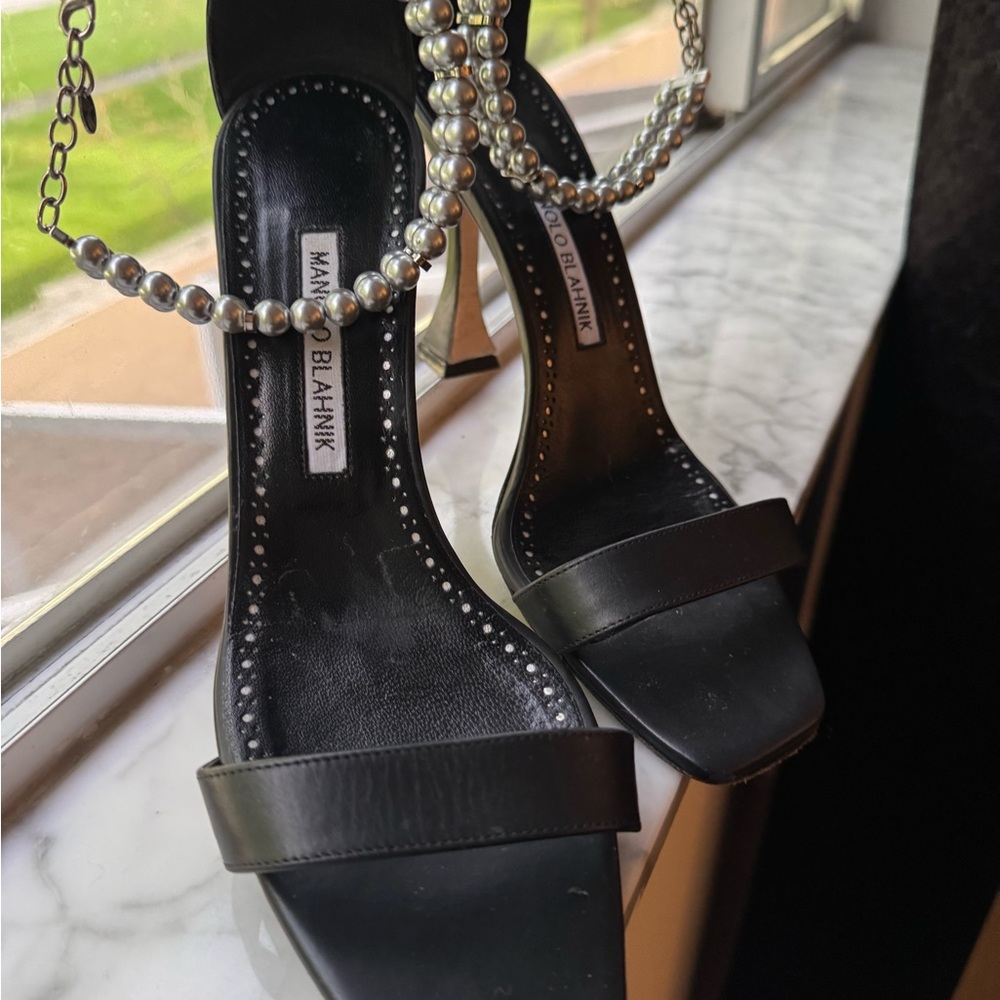Manolo Blahnik Charona 105 Black Faux Pearl Ankle Strap Heel Sandals